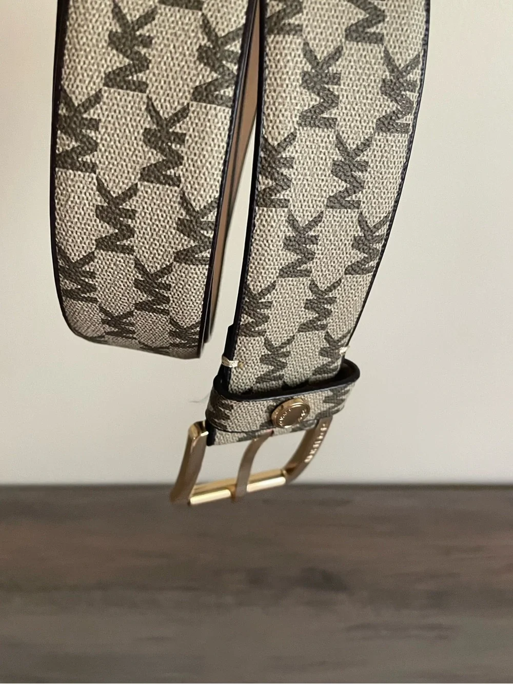 Michael Kors MK Logo Canvas Belt Womens Medium 556023 Gold Buckle Beige Brown